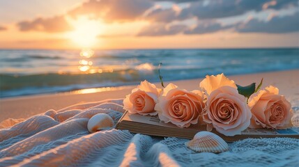 Aufkleber - A beach sunset with roses, books, and five seashells on the sand; a blanket in pastel colors.