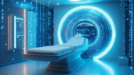Poster - A futuristic medical scanning chamber with glowing energy fields and holographic patient data displays