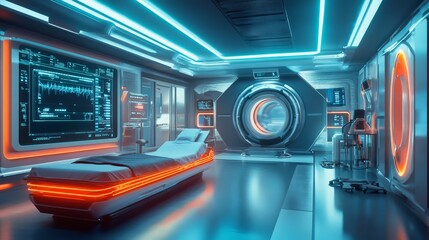 Poster - A futuristic medical scanning chamber with glowing energy fields and holographic patient data displays