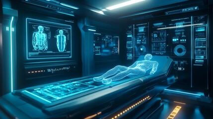 Poster - A futuristic medical scanning chamber with glowing energy fields and holographic patient data displays