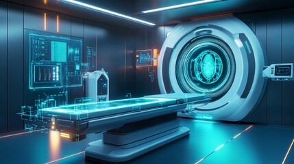 Poster - A futuristic medical scanning chamber with glowing energy fields and holographic patient data displays