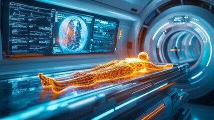 Poster - A futuristic medical scanning chamber with glowing energy fields and holographic patient data displays