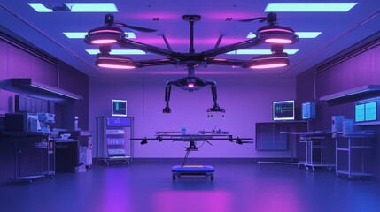 Poster - A futuristic medical drone maintenance bay glowing with automated repair stations