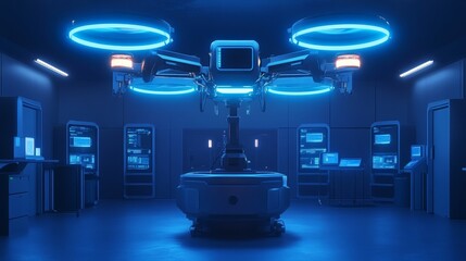 Poster - A futuristic medical drone maintenance bay glowing with automated repair stations