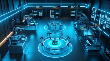 Poster - A futuristic medical drone maintenance bay glowing with automated repair stations