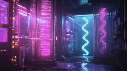 Poster - A futuristic genetic modification lab with glowing DNA strands floating in holographic displays
