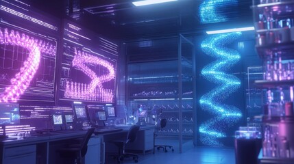 Poster - A futuristic genetic modification lab with glowing DNA strands floating in holographic displays