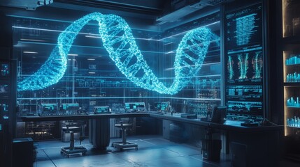 Poster - A futuristic genetic modification lab with glowing DNA strands floating in holographic displays