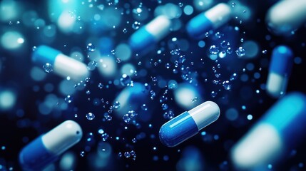 Blue capsules falling, bokeh background, medicine, healthcare