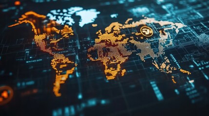 Global network security map; digital threat highlighted