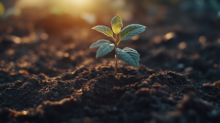 Wall Mural - Sunrise seedling growth, fertile soil, farm background, agriculture