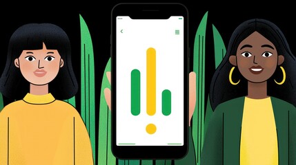 App interface showcasing financial progress, two diverse women smiling, set against a backdrop of stylized green foliage.