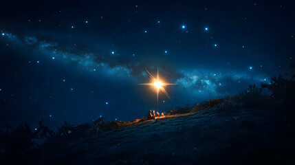 Wall Mural - bright shining star of bethlehem on dark blue starry night sky. star of jesus, christmas star. nativ