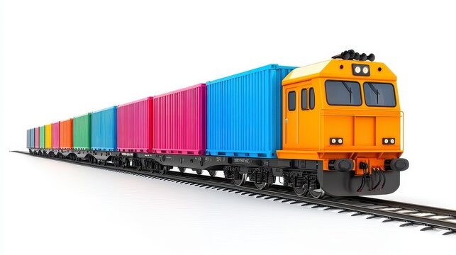 Colorful cargo train on tracks, isolated on white.