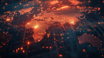 Global network data flow, orange, digital map, background, technology