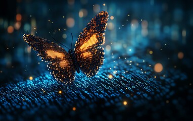 Leinwandbilder - Hyperrealistic digital transformation concept, pixelated butterfly flying out of binary code, symbolizing the evolution of technology and business, futuristic aesthetic