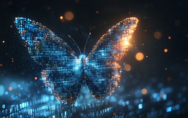 Leinwandbilder - Hyperrealistic digital transformation concept, pixelated butterfly flying out of binary code, symbolizing the evolution of technology and business, futuristic aesthetic