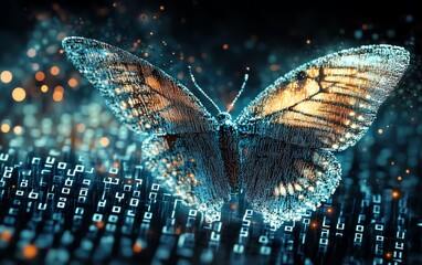Leinwandbilder - Pixelated butterfly emerging from binary code, representing digital transformation, hyperrealistic depiction of technological and business evolution, futuristic themes