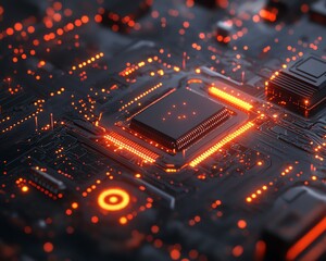 Fototapete - Ultrarealistic closeup of abstract technology with glowing circuits and finely detailed components on an intricate circuit board