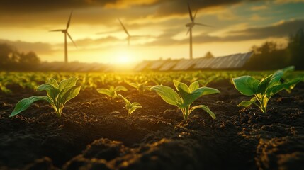 Wall Mural - Sunset over field, young plants, solar & wind farm