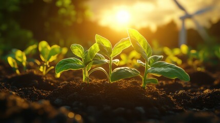 Wall Mural - Sunset Field Seedlings Growing Renewable Energy