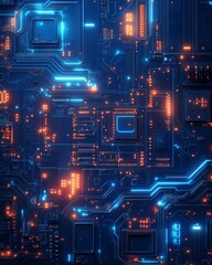 Poster - Blue digital technology background, hyperrealistic mechanical elements, intricate circuit board design, glowing lines, futuristic aesthetic, tech innovation