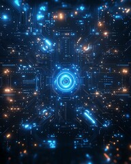 Poster - Blue digital technology background, mechanical elements and circuits, hyperrealistic design, glowing neon patterns, futuristic digital textures and reflections