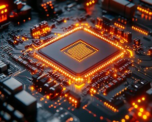 Fototapete - Complex abstract circuit patterns illuminated with neon lights, highlighting intricate technology details and advanced electronic hardware