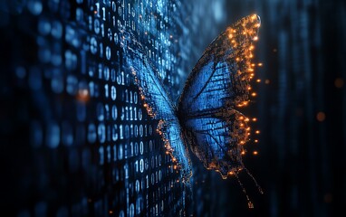 Leinwandbilder - Digital transformation, pixelated butterfly flying out from binary code, symbolizing technology and business evolution, hyperrealistic digital art representation
