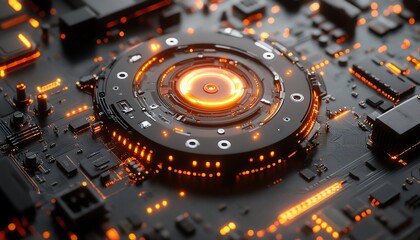 Aufkleber - Glowing abstract circuitry design on a futuristic circuit board, with hyperrealistic lighting and precision detailing of electronic components