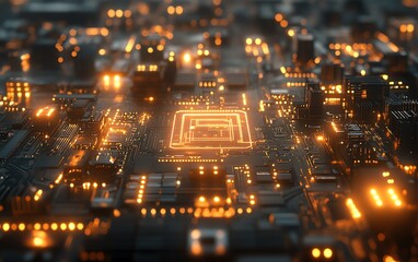 Poster - Hightech electronic circuitry design featuring complex patterns and illuminated components on a hyperrealistic circuit board