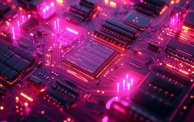 Poster - Hightech electronic circuitry design featuring complex patterns and illuminated components on a hyperrealistic circuit board