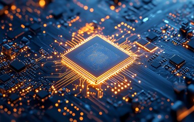 Poster - Hyperrealistic blue digital technology background, mechanical gears and circuit board patterns, glowing elements, modern futuristic design, sleek tech visuals