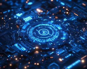 Poster - Hyperrealistic blue digital technology background, mechanical gears and circuit board patterns, glowing elements, modern futuristic design, sleek tech visuals