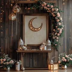 decorated wall with wooden frame, ramadan themed decorations and lanterns, floral wreath hanging above crescent moon cutouts, framed poster mockup, pearls around frame, a small table adorned with ifta