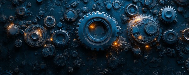 Aufkleber - Hyperrealistic blue digital tech background, mechanical gears and circuit patterns, glowing digital elements, intricate tech details, futuristic aesthetic