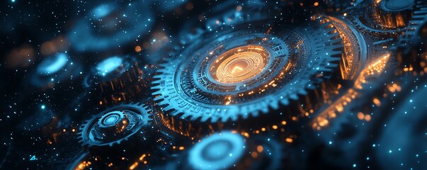 Aufkleber - Hyperrealistic blue digital tech background, mechanical gears and circuit patterns, glowing digital elements, intricate tech details, futuristic aesthetic