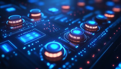 Poster - Hyperrealistic blue technology background, glowing digital connections and network links, data transfer design, dark blue background for online product service promotion