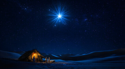 Wall Mural - bright shining star of bethlehem on dark blue starry night sky. star of jesus, christmas star. nativ