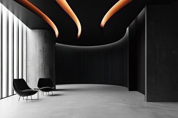 Aufkleber - Abstract black and white interior background with concrete walls, floor, and ceiling, a minimalism concept. Black room interior design of modern architecture in the light from the window