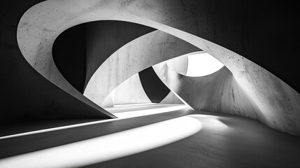 Aufkleber - Abstract black and white interior background with concrete walls, floor, and ceiling, a minimalism concept. Black room interior design of modern architecture in the light from the window