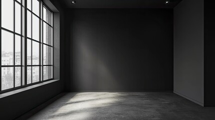 Aufkleber - Abstract black and white interior background with concrete walls, floor, and ceiling, a minimalism concept. Black room interior design of modern architecture in the light from the window