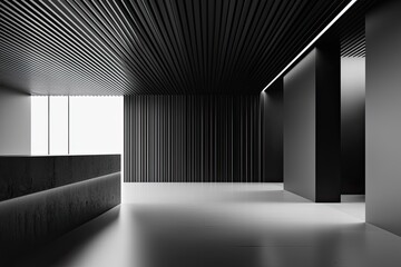 Aufkleber - Abstract black and white interior background with concrete walls, floor, and ceiling, a minimalism concept. Black room interior design of modern architecture in the light from the window