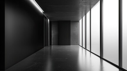 Aufkleber - Abstract black and white interior background with concrete walls, floor, and ceiling, a minimalism concept. Black room interior design of modern architecture in the light from the window