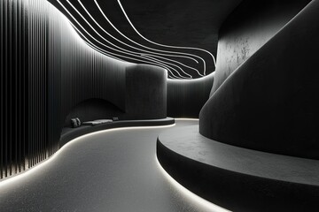 Aufkleber - Abstract black and white interior background with concrete walls, floor, and ceiling, a minimalism concept. Black room interior design of modern architecture in the light from the window