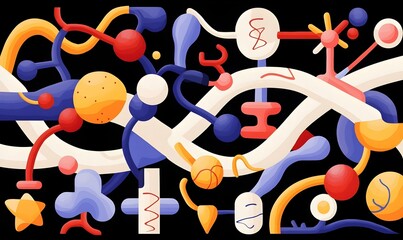 Poster - Vibrant Biochemical Pathways, an intricate and colorful illustration showcasing complex interactions within cellular processes, highlighting molecular structures and dynamics.