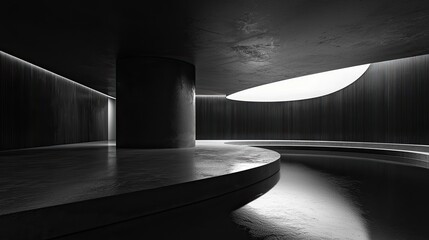 Aufkleber - Abstract black and white interior background with concrete walls, floor, and ceiling, a minimalism concept. Black room interior design of modern architecture in the light from the window