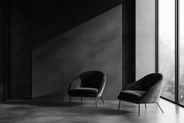 Aufkleber - Abstract black and white interior background with concrete walls, floor, and ceiling, a minimalism concept. Black room interior design of modern architecture in the light from the window