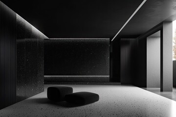 Aufkleber - Abstract black and white interior background with concrete walls, floor, and ceiling, a minimalism concept. Black room interior design of modern architecture in the light from the window