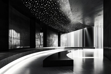 Aufkleber - Abstract black and white interior background with concrete walls, floor, and ceiling, a minimalism concept. Black room interior design of modern architecture in the light from the window